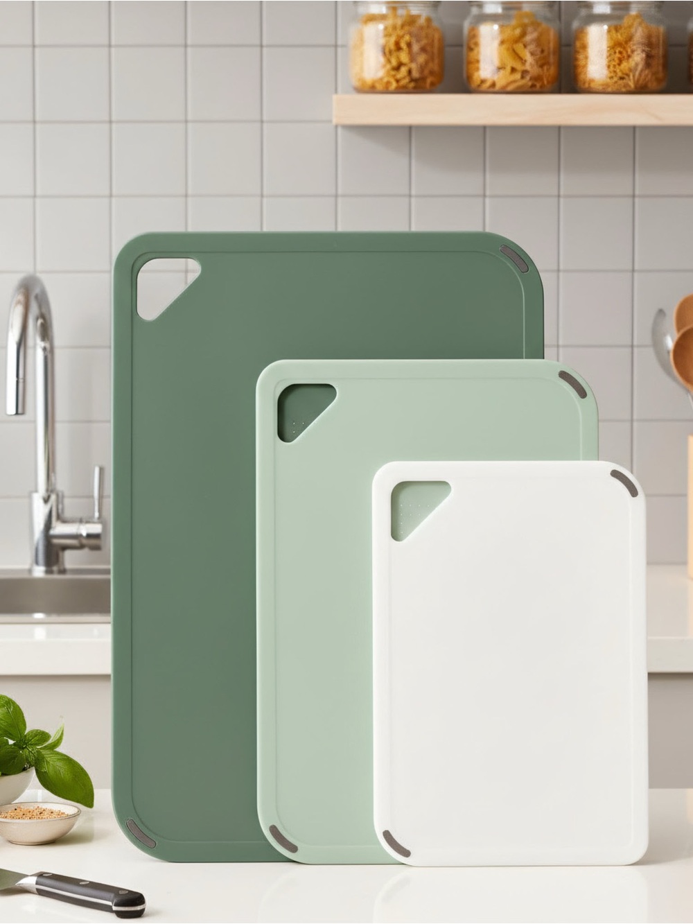 Set of 3 Non-Slip Cutting Boards - White, Mint, Forest Green